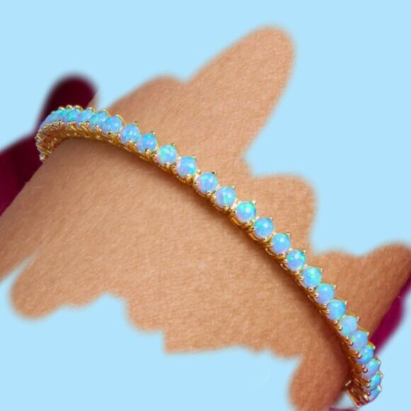 Shimmering Simulated Blue Opal 18K gold plated tennis bracelet - Picture 3 of 5